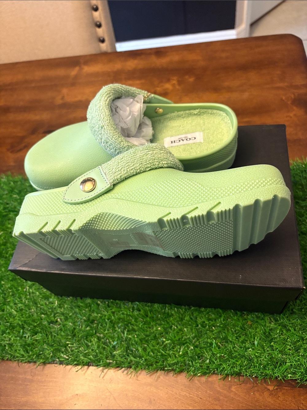 Coach Women's Mint Green Platform Clog with Terry Strap
